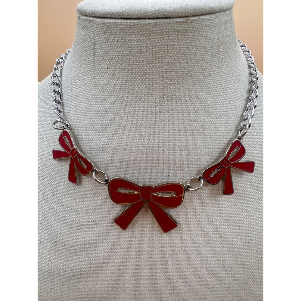 Red Enamel Bow Charm Necklace Silver Tone Coquette Statement Y2K Romantic Gift